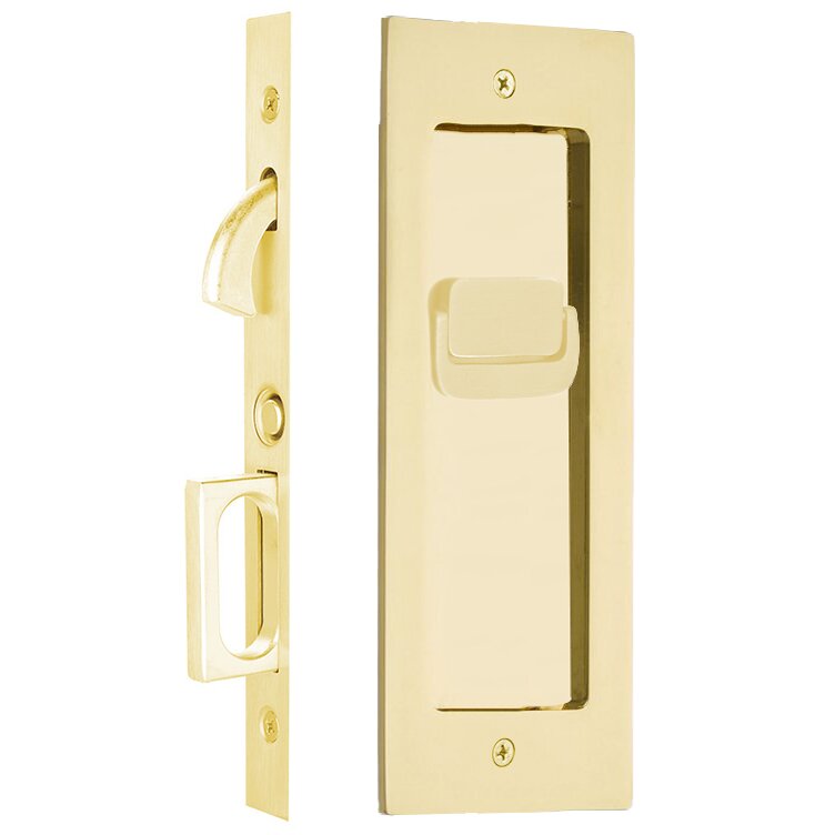 The Emtek Privacy Modern Rectangular Pocket Door Mortise Lock in Polished Brass finish