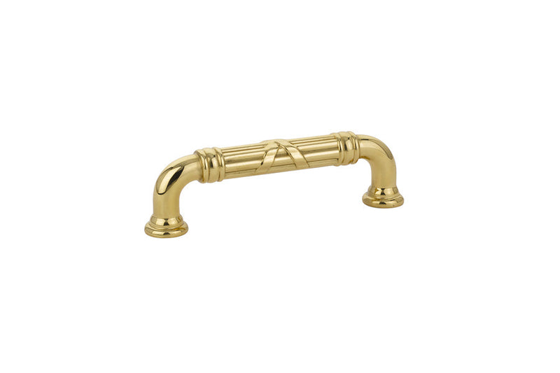 The Emtek Ribbon & Reed Estate Cabinet Pull, 3 1/2" Center to Center in Polished Brass finish