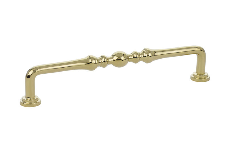 The Emtek Spindle Cabinet Pull, 6" Center to Center in Polished Brass finish