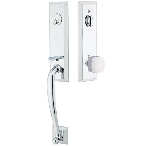 Emtek Adams Tubular Entrance Handleset With Freestone Square Knob in Polished Chrome finish