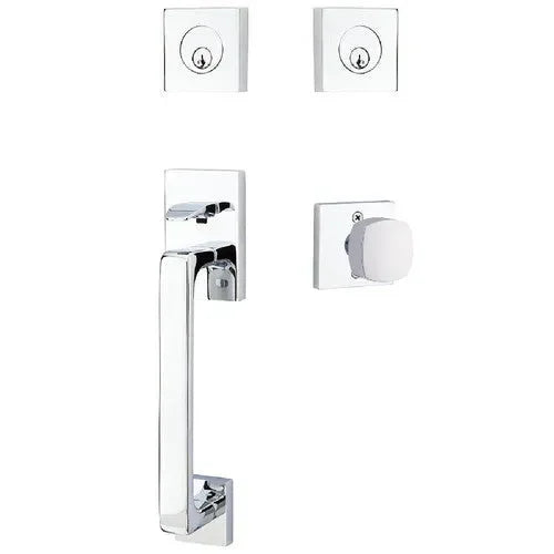 Emtek Baden Entrance Handleset With Freestone Square Knob in Polished Chrome finish