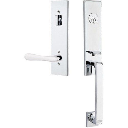 Emtek Davos Handleset with Interior Basel Lever in Polished Chrome finish