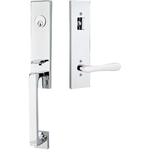 Emtek Davos Handleset with Interior Basel Lever in Polished Chrome finish