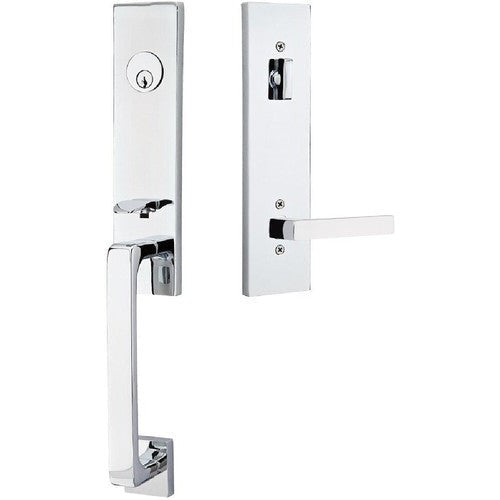 Emtek Davos Tubular Entrance Handleset With Dumont Lever in Polished Chrome finish