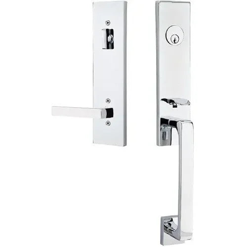 Emtek Davos Tubular Entrance Handleset With Dumont Lever in Polished Chrome finish