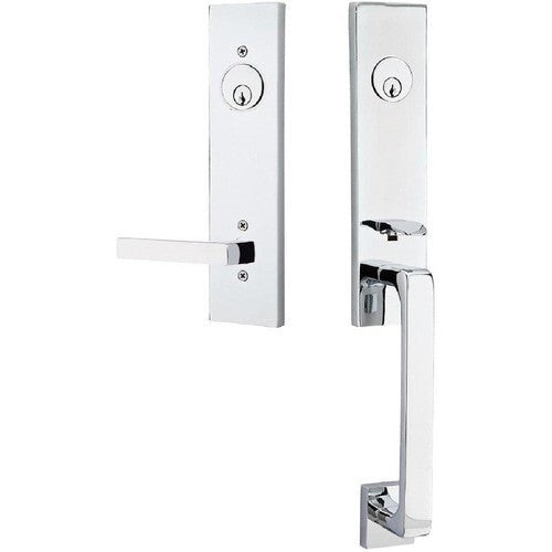 Emtek Davos Tubular Entrance Handleset With Dumont Lever in Polished Chrome finish