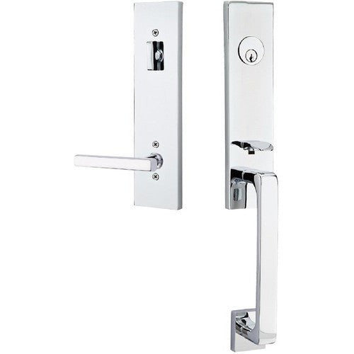 Emtek Davos Tubular Entrance Handleset With Freestone Lever in Polished Chrome finish