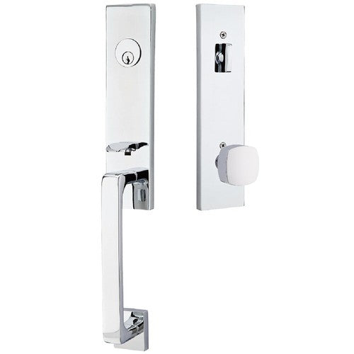 Emtek Davos Tubular Entrance Handleset With Freestone Square Knob in Polished Chrome finish