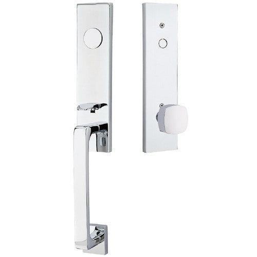 Emtek Davos Tubular Entrance Handleset With Freestone Square Knob in Polished Chrome finish