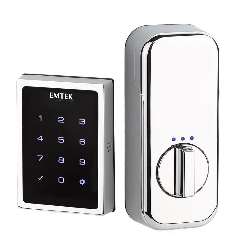 The Emtek Electronic EMPowered Motorized Touchscreen Keypad Deadbolt in Polished Chrome finish