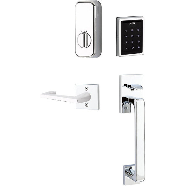 The Emtek Electronic EMPowered Motorized Touchscreen Keypad Entry Set With Baden Grip and Argos Lever in Polished Chrome finish