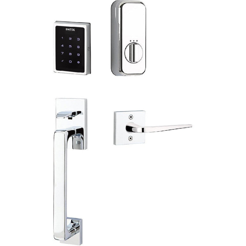 The Emtek Electronic EMPowered Motorized Touchscreen Keypad Entry Set With Baden Grip and Athena Lever in Polished Chrome finish