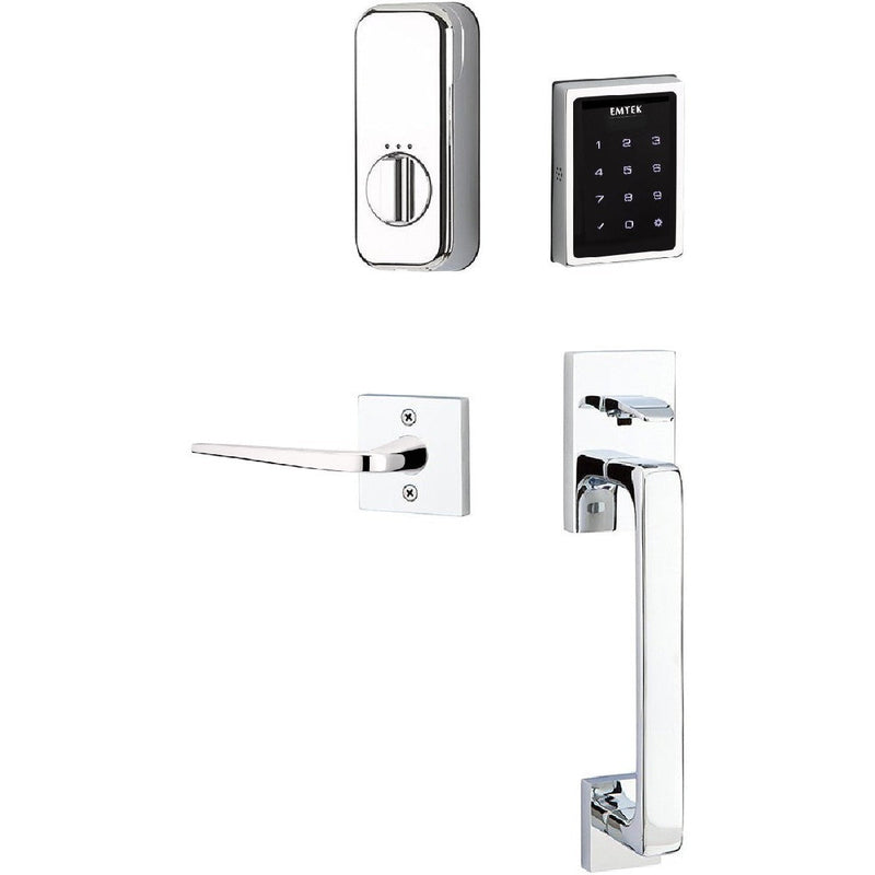 The Emtek Electronic EMPowered Motorized Touchscreen Keypad Entry Set With Baden Grip and Athena Lever in Polished Chrome finish