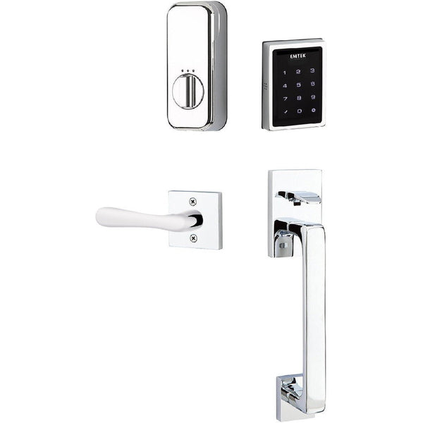 The Emtek Electronic EMPowered Motorized Touchscreen Keypad Entry Set With Baden Grip and Basel Lever in Polished Chrome finish