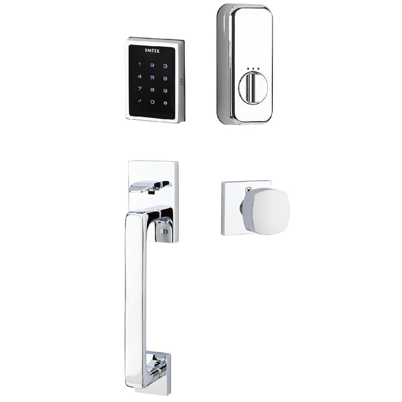 The Emtek Electronic EMPowered Motorized Touchscreen Keypad Entry Set With Baden Grip and Freestone Square Knob in Polished Chrome finish