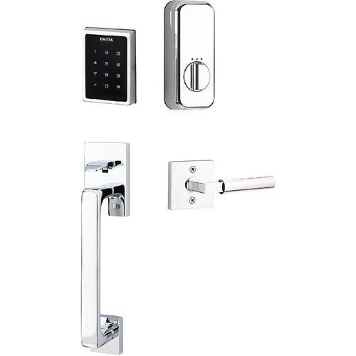 The Emtek Electronic EMPowered Motorized Touchscreen Keypad Entry Set With Baden Grip and Hercules Lever in Polished Chrome finish