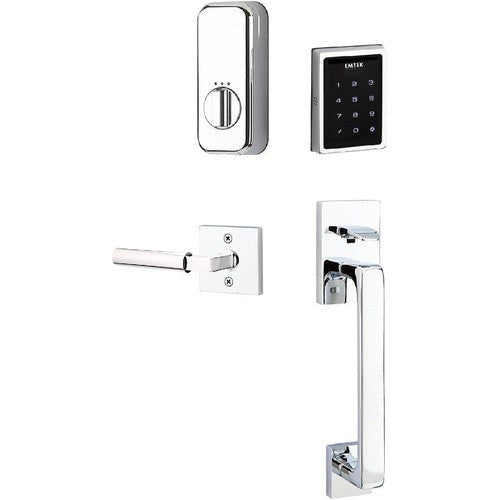 The Emtek Electronic EMPowered Motorized Touchscreen Keypad Entry Set With Baden Grip and Hercules Lever in Polished Chrome finish