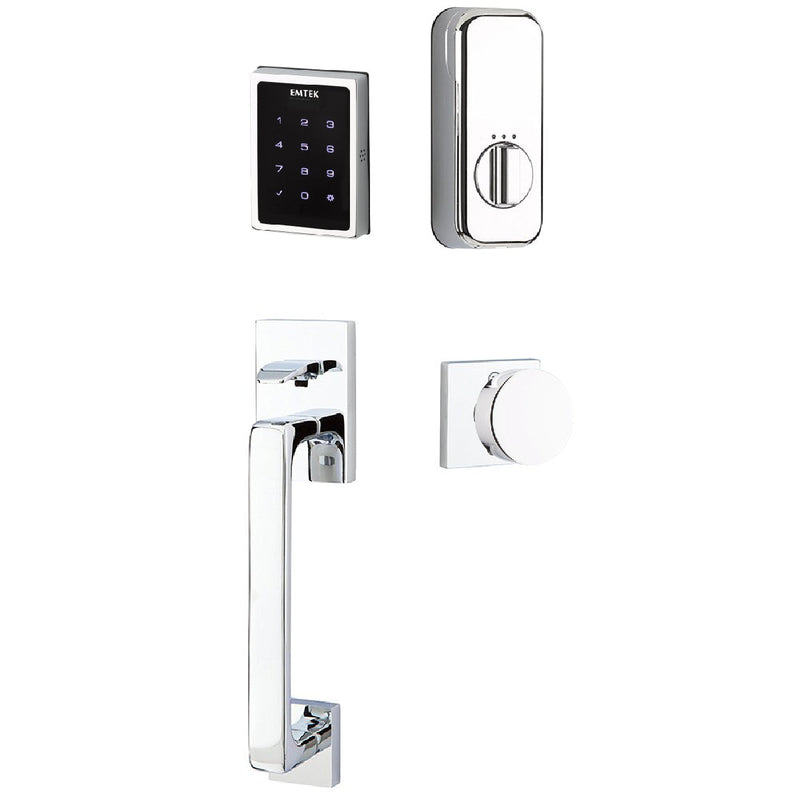 The Emtek Electronic EMPowered Motorized Touchscreen Keypad Entry Set With Baden Grip and Round Knob in Polished Chrome finish