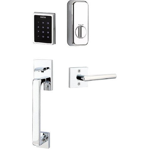 The Emtek Electronic EMPowered Motorized Touchscreen Keypad Entry Set With Baden Grip and Stuttgart Lever in Polished Chrome finish