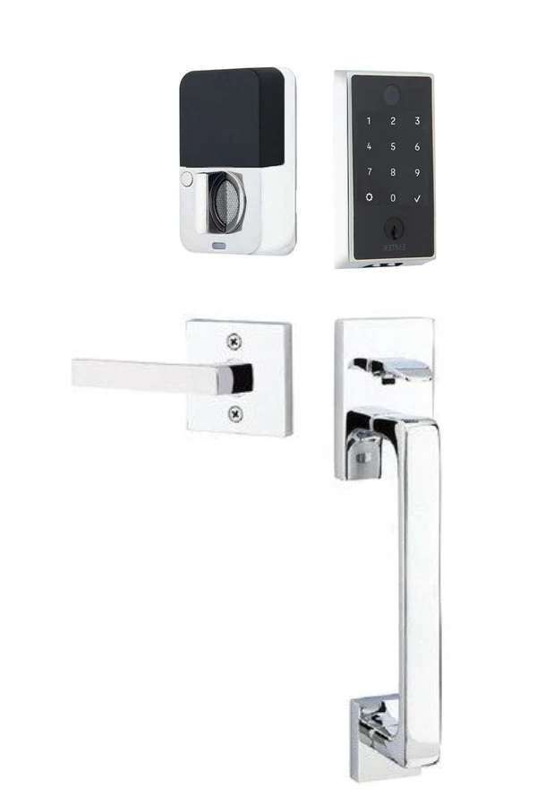 The Emtek EMPowered 2 Touch Entry Set with Baden Grip and Interior Dumont Lever in Polished Chrome finish.