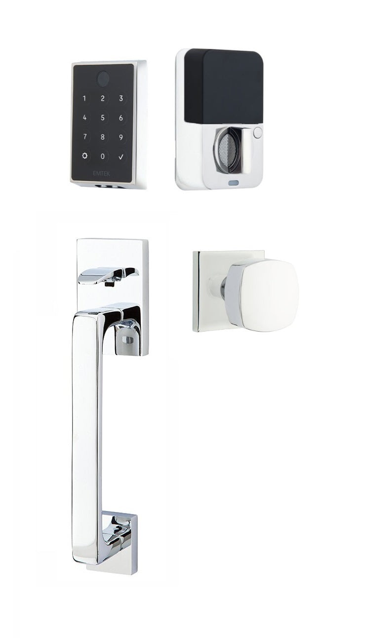 The Emtek EMPowered 2 Touch Entry Set with Baden Grip and Interior Freestone Knob in Polished Chrome finish.