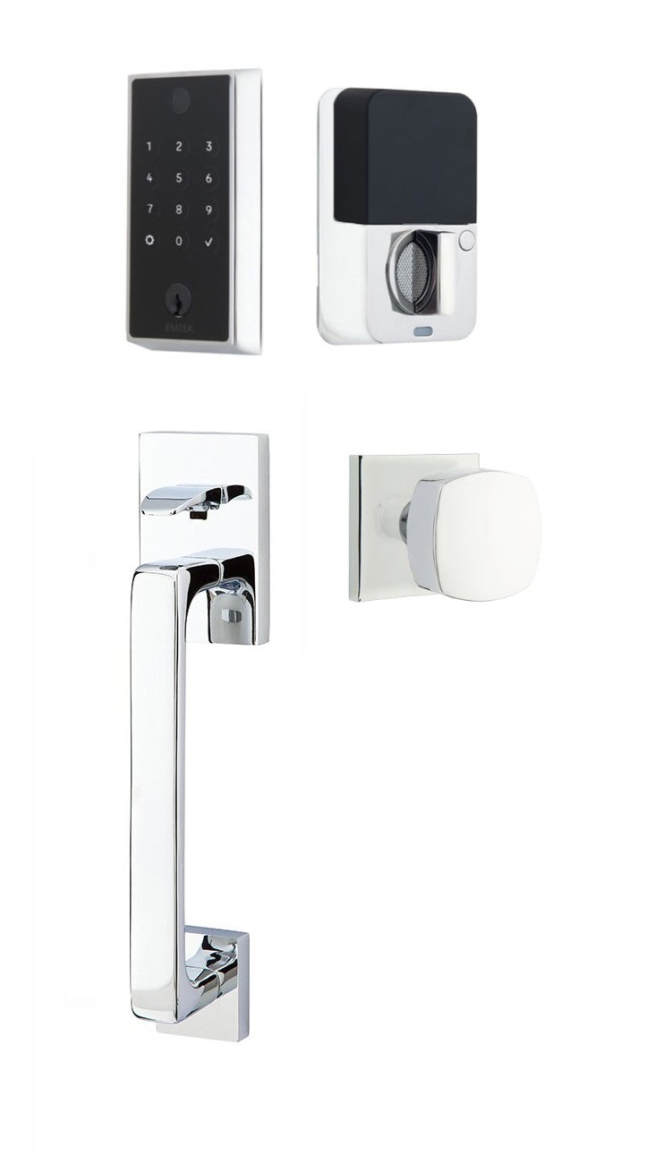 The Emtek EMPowered 2 Touch Entry Set with Baden Grip and Interior Freestone Knob in Polished Chrome finish.