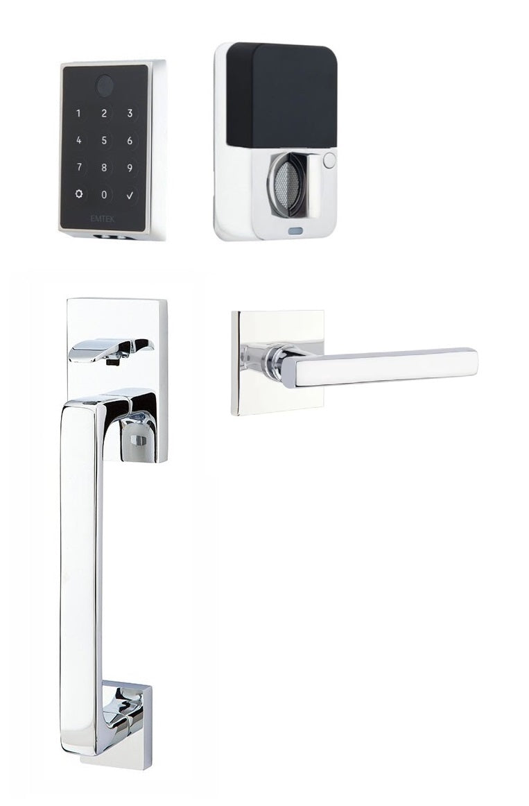 The Emtek EMPowered 2 Touch Entry Set with Baden Grip and Interior Freestone Lever in Polished Chrome finish.