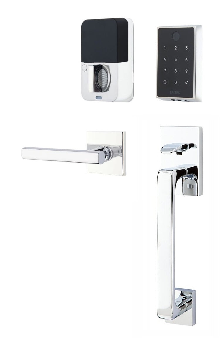 The Emtek EMPowered 2 Touch Entry Set with Baden Grip and Interior Freestone Lever in Polished Chrome finish.