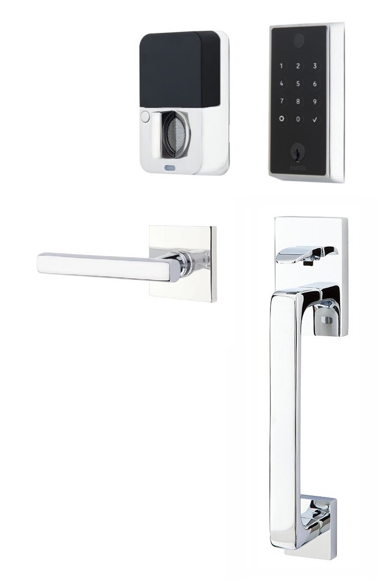 The Emtek EMPowered 2 Touch Entry Set with Baden Grip and Interior Freestone Lever in Polished Chrome finish.