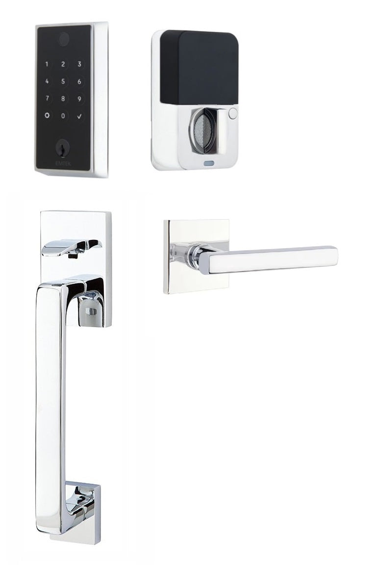 The Emtek EMPowered 2 Touch Entry Set with Baden Grip and Interior Freestone Lever in Polished Chrome finish.