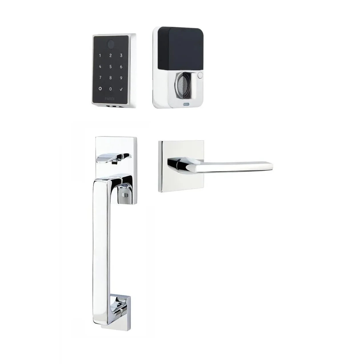 The Emtek EMPowered 2 Touch Entry Set with Baden Grip and Interior Helios Lever in Polished Chrome finish.
