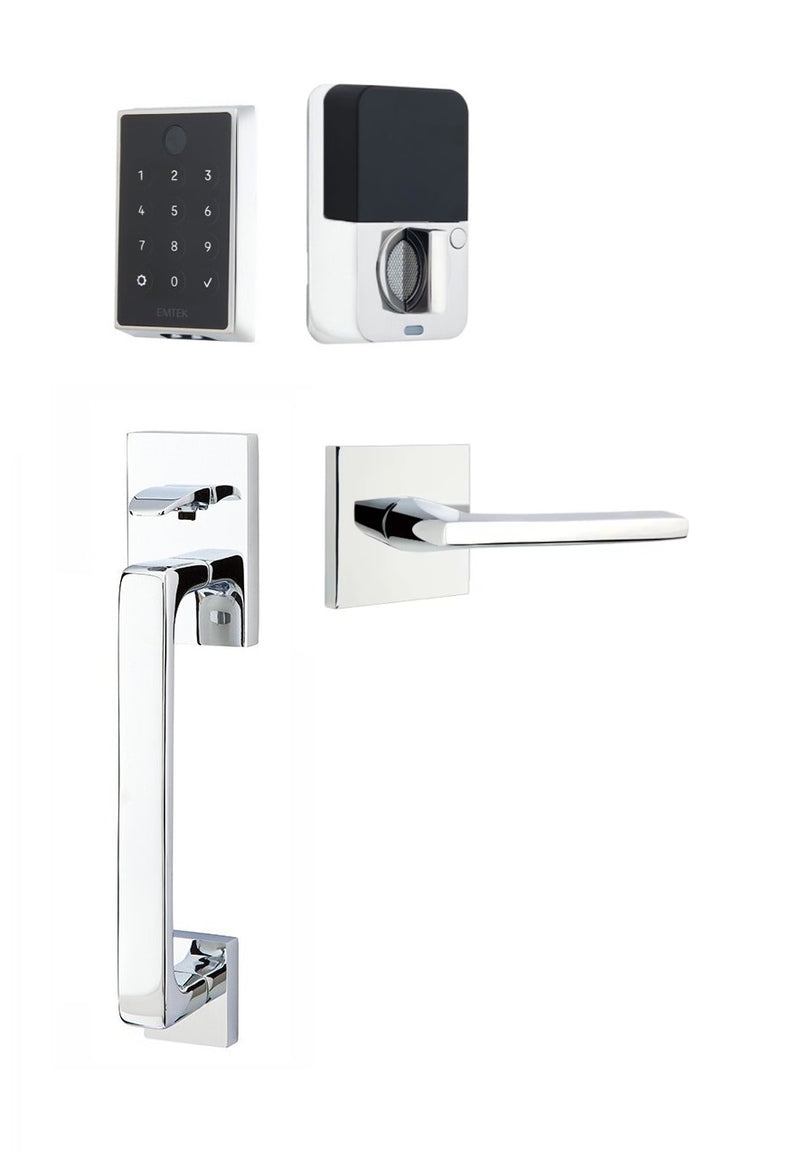 The Emtek EMPowered 2 Touch Entry Set with Baden Grip and Interior Helios Lever in Polished Chrome finish.