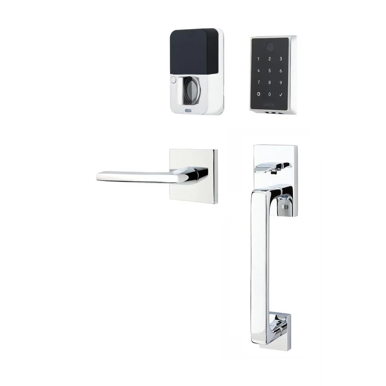 The Emtek EMPowered 2 Touch Entry Set with Baden Grip and Interior Helios Lever in Polished Chrome finish.