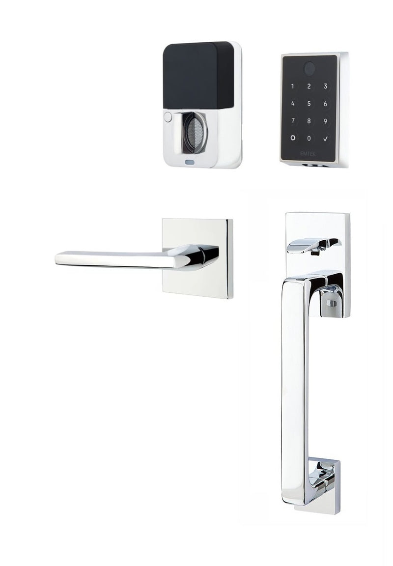 The Emtek EMPowered 2 Touch Entry Set with Baden Grip and Interior Helios Lever in Polished Chrome finish.