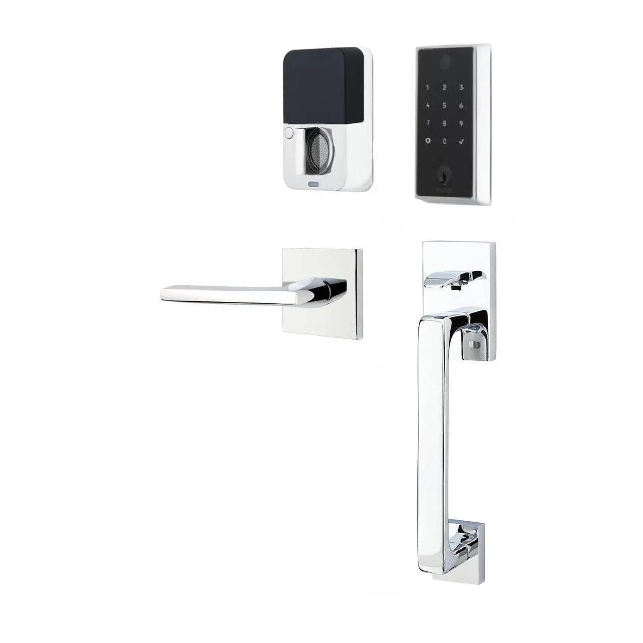 The Emtek EMPowered 2 Touch Entry Set with Baden Grip and Interior Helios Lever in Polished Chrome finish.