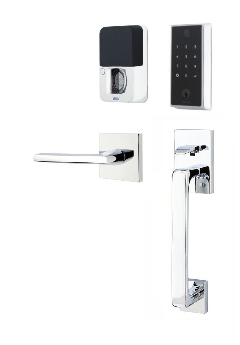 The Emtek EMPowered 2 Touch Entry Set with Baden Grip and Interior Helios Lever in Polished Chrome finish.