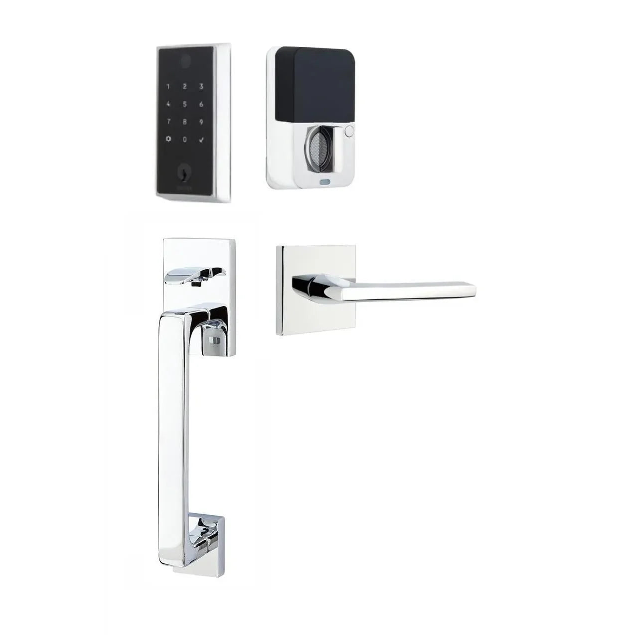 The Emtek EMPowered 2 Touch Entry Set with Baden Grip and Interior Helios Lever in Polished Chrome finish.
