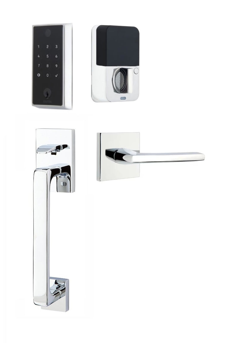 The Emtek EMPowered 2 Touch Entry Set with Baden Grip and Interior Helios Lever in Polished Chrome finish.