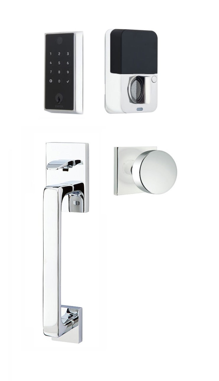 The Emtek EMPowered 2 Touch Entry Set with Baden Grip and Interior Round Knob in Polished Chrome finish.