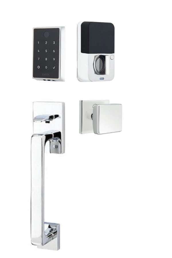 The Emtek EMPowered 2 Touch Entry Set with Baden Grip and Interior Square Knob in Polished Chrome finish.