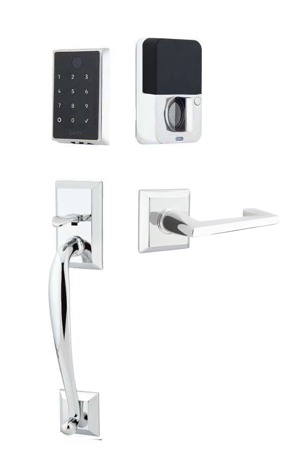 The Emtek EMPowered 2 Touch Entry Set with Franklin Grip and Interior Argos Lever in Polished Chrome finish.