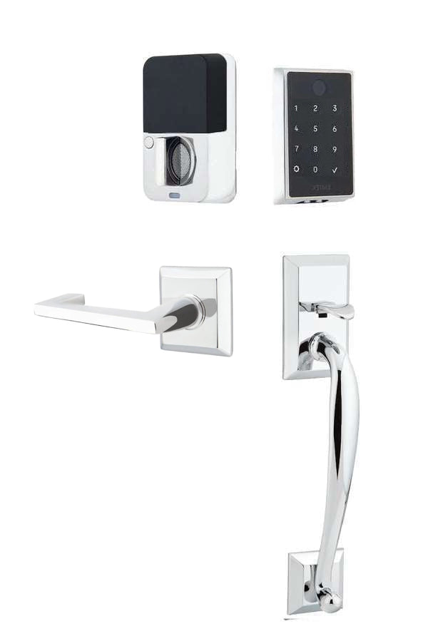 The Emtek EMPowered 2 Touch Entry Set with Franklin Grip and Interior Argos Lever in Polished Chrome finish.