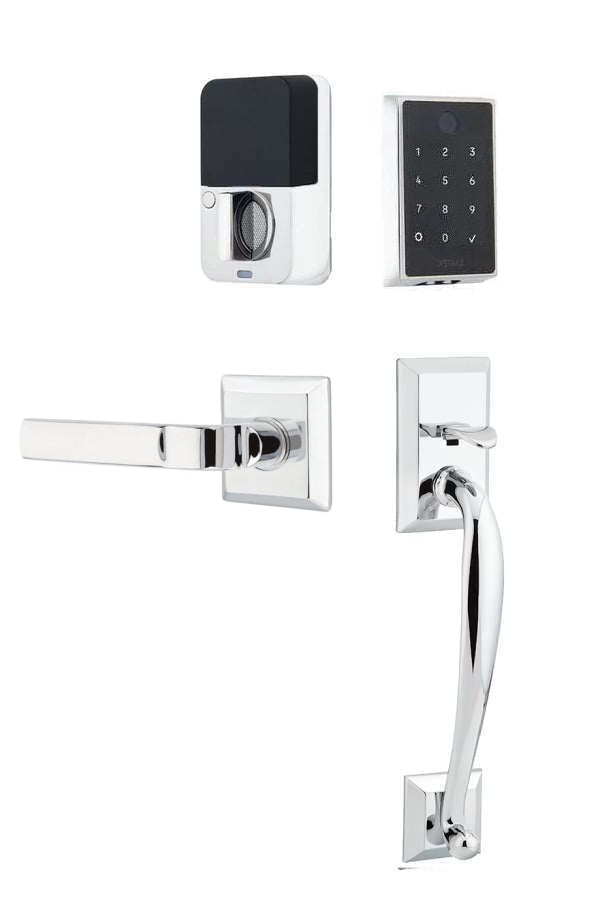 The Emtek EMPowered 2 Touch Entry Set with Franklin Grip and Interior Aston Lever in Polished Chrome finish.