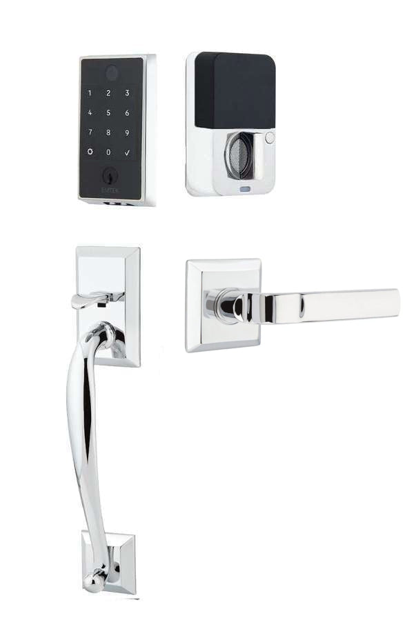 The Emtek EMPowered 2 Touch Entry Set with Franklin Grip and Interior Aston Lever in Polished Chrome finish.