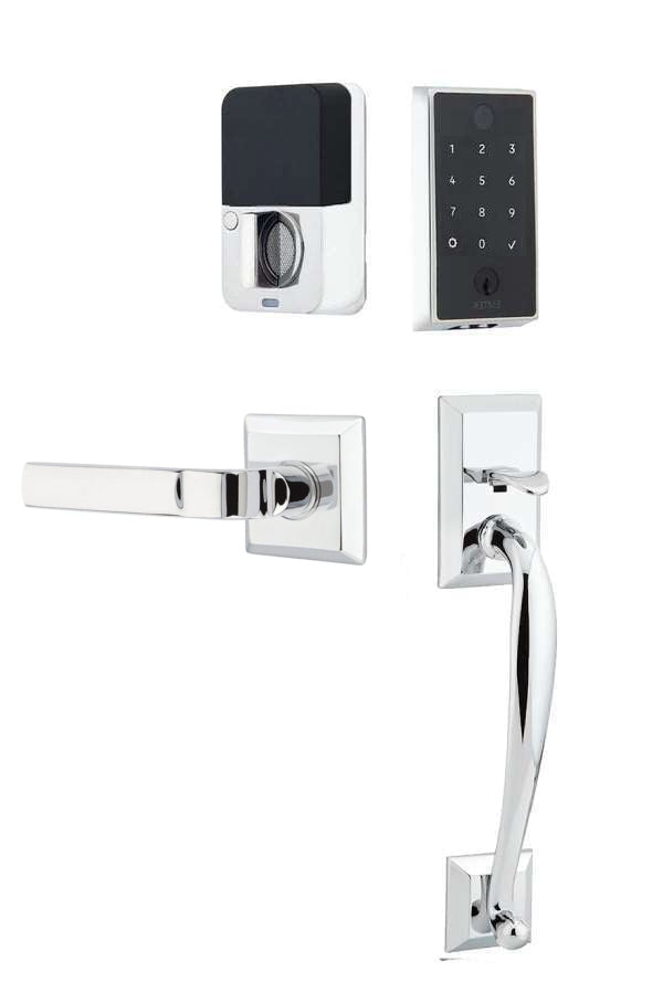 The Emtek EMPowered 2 Touch Entry Set with Franklin Grip and Interior Aston Lever in Polished Chrome finish.