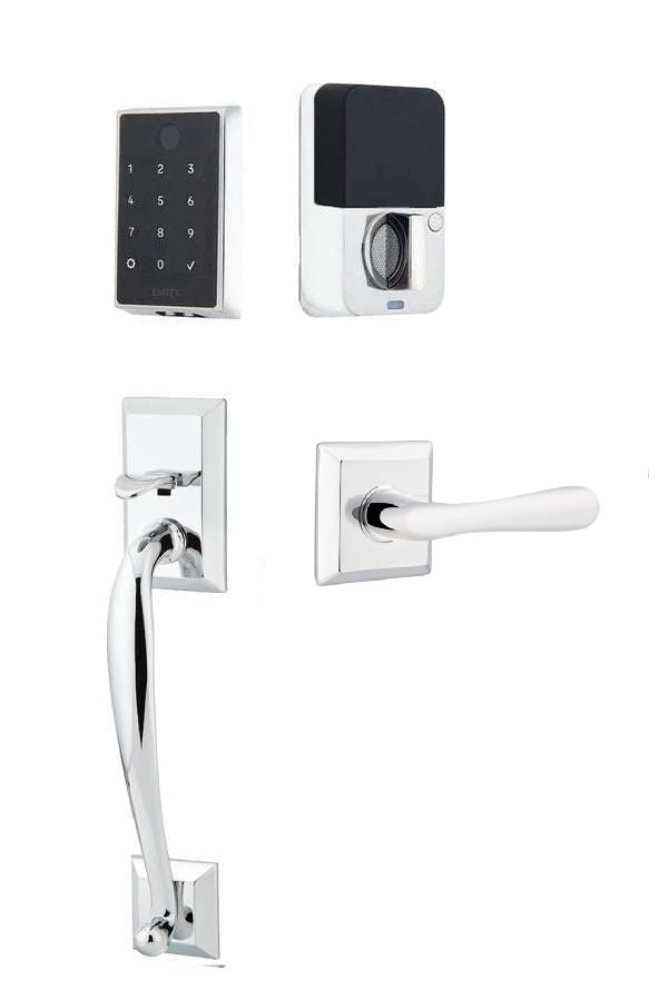 The Emtek EMPowered 2 Touch Entry Set with Franklin Grip and Interior Basel Lever in Polished Chrome finish.
