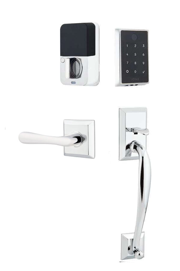 The Emtek EMPowered 2 Touch Entry Set with Franklin Grip and Interior Basel Lever in Polished Chrome finish.