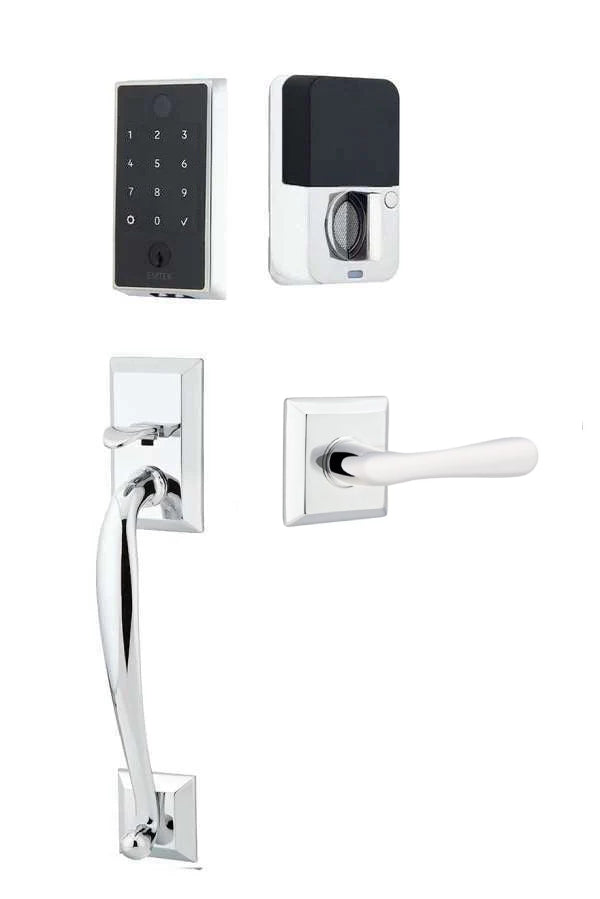 The Emtek EMPowered 2 Touch Entry Set with Franklin Grip and Interior Basel Lever in Polished Chrome finish.