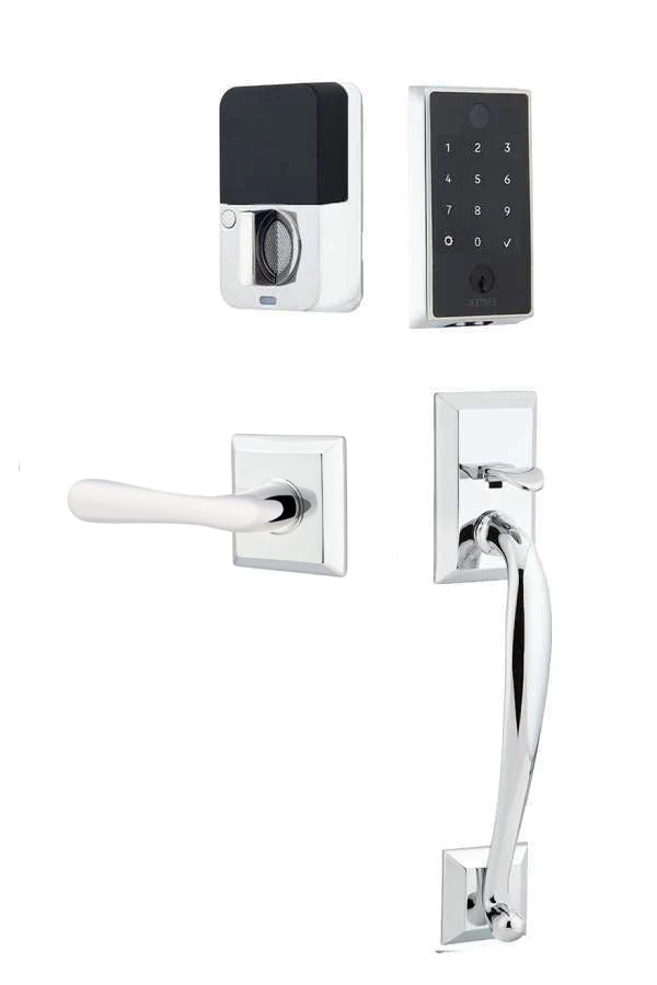 The Emtek EMPowered 2 Touch Entry Set with Franklin Grip and Interior Basel Lever in Polished Chrome finish.