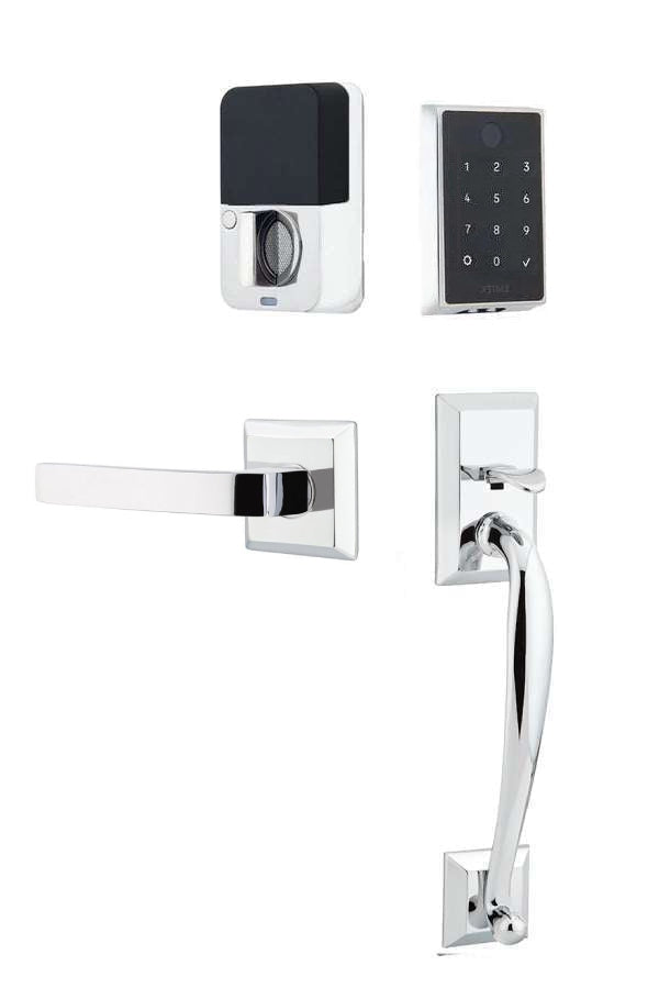 The Emtek EMPowered 2 Touch Entry Set with Franklin Grip and Interior Breslin Lever in Polished Chrome finish.